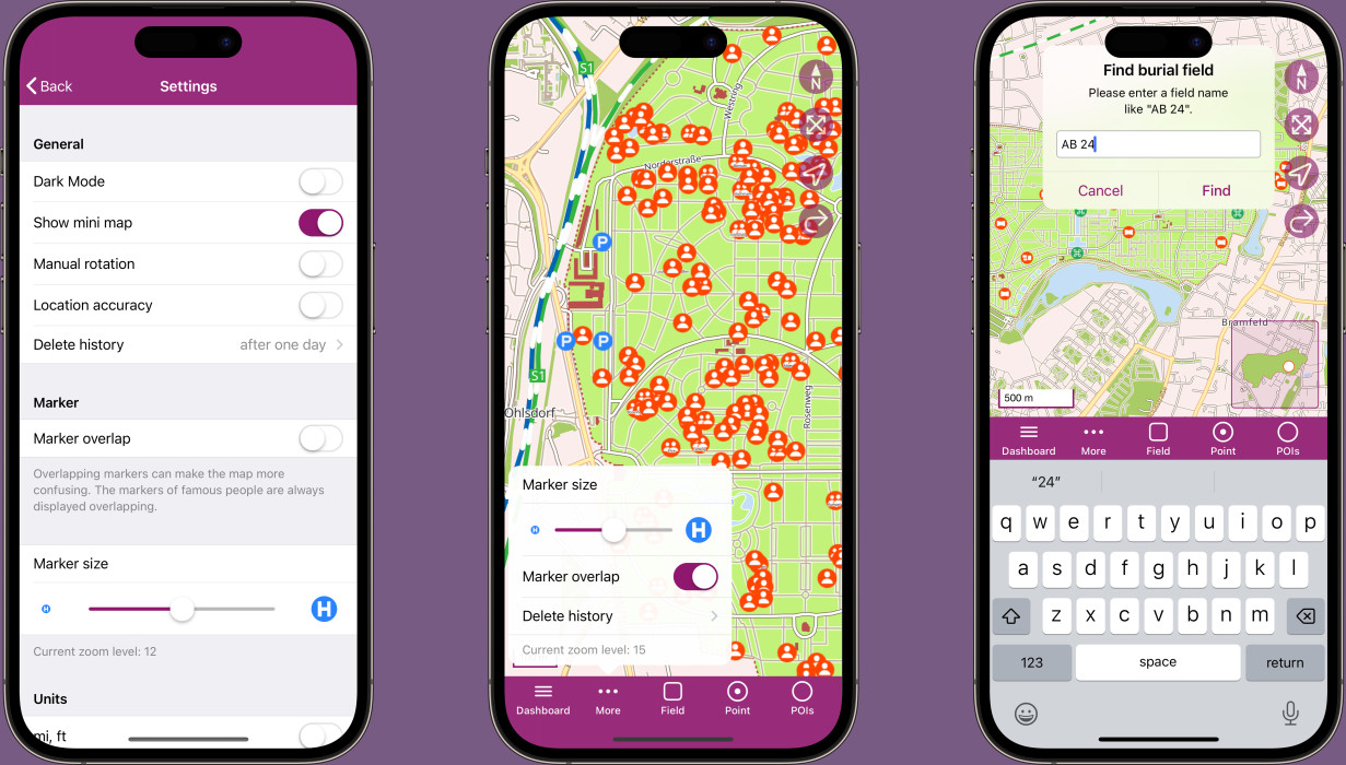 Settings and geo search in the app Ohlsdorf Cemetery