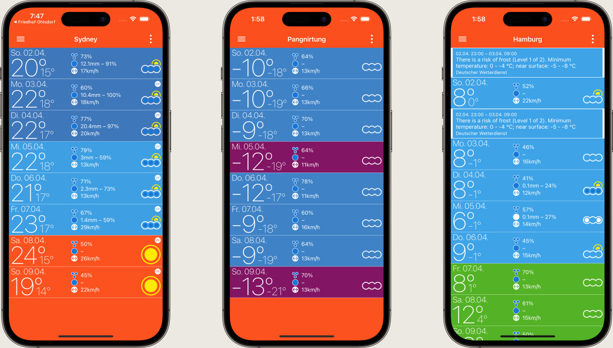 App Simple Weather Beispiel für drei Stadtansichten