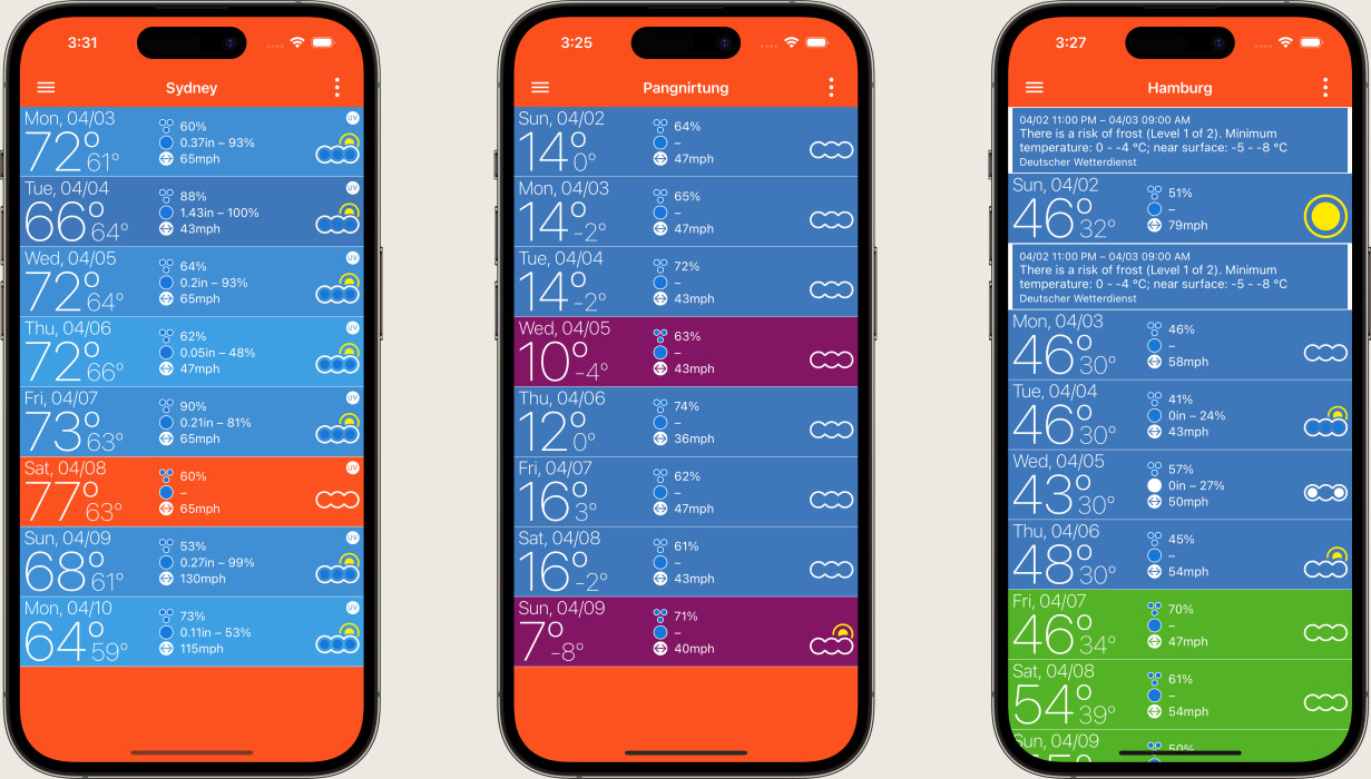 App Simple Weather example for three city views